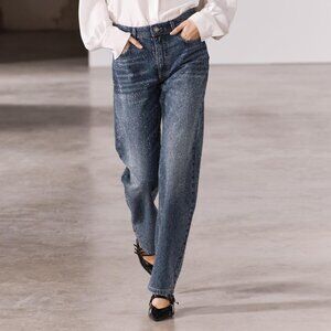 NWT Zara RUNWAY Relaxed Straight Cut Leg Water Rhinestone Diamante Jeans